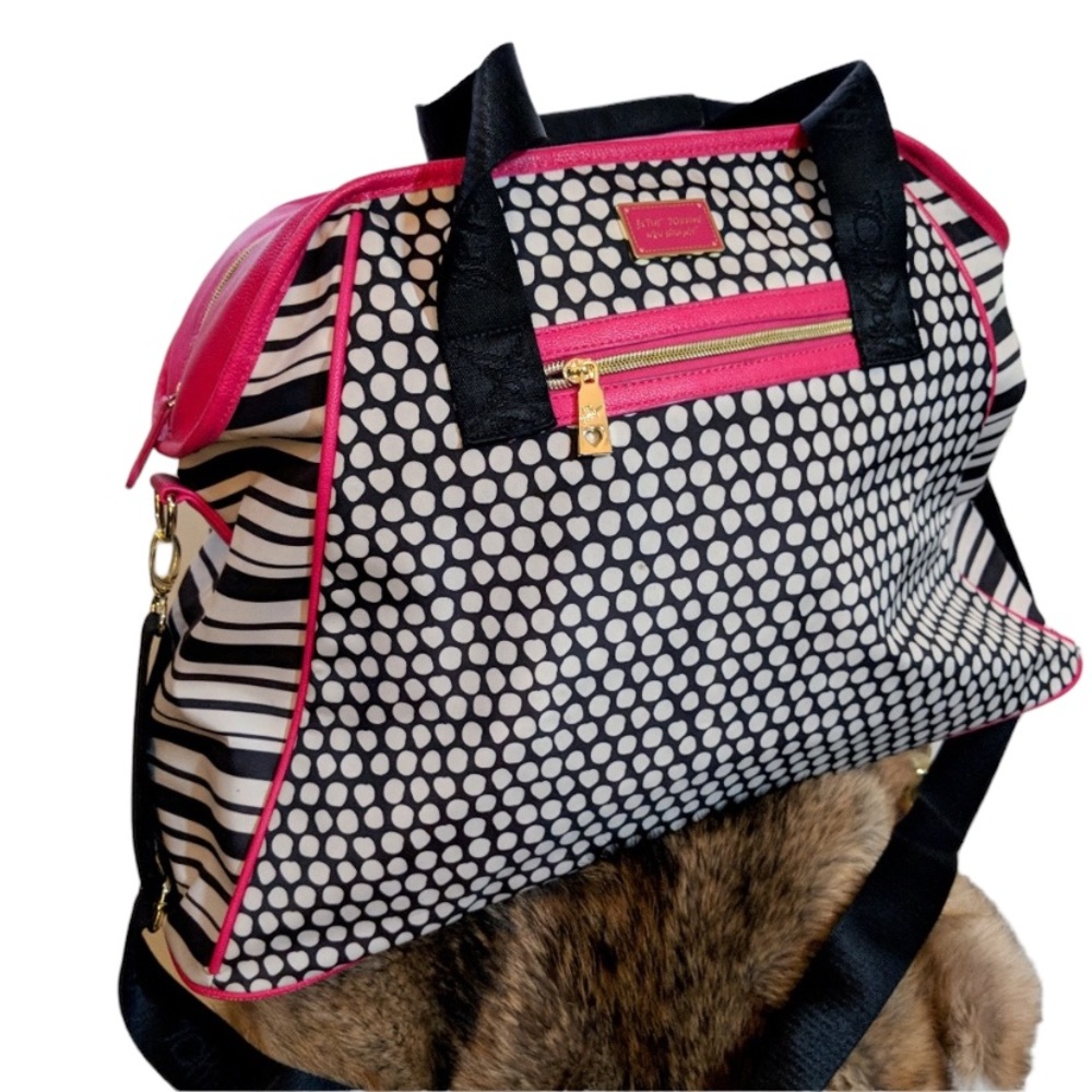 Betsy Black and white striped and spotted weekender bag from Betsey Johnson.